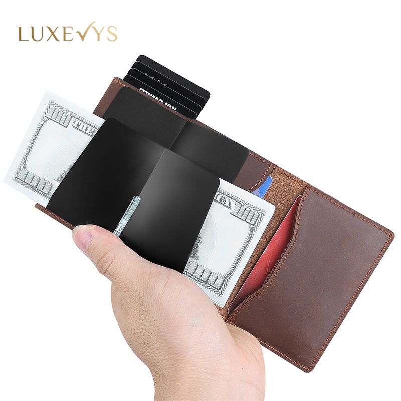 Anti-Theft RFID Blocking Genuine Leather Metal Card Holder Wallet